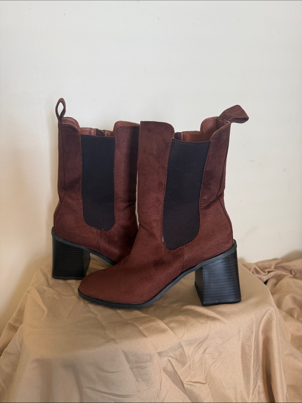 Women’s Brown Suede Chelsea Block Heel Boots